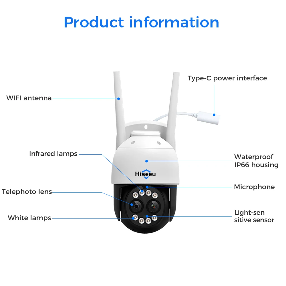 Hiseeu 4MP Dual Lens PTZ Wifi IP Camera 8X Zoom Outdoor HD Full Two-Way Voice Human Detection Video Surveillance Cameras 5V 2