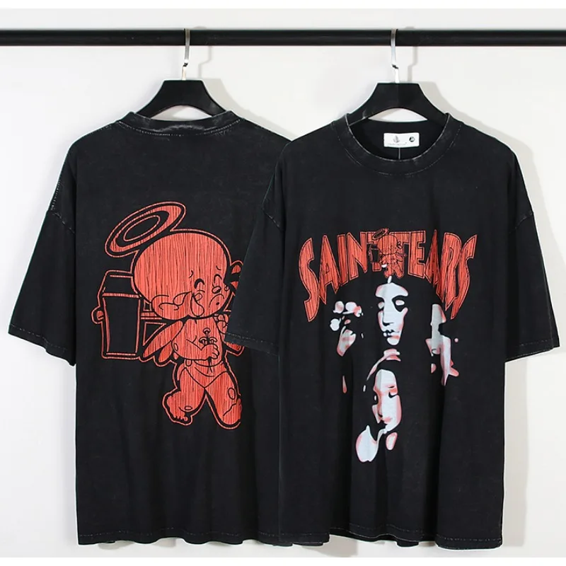 

Saint футболка с Майклом, Высококачественная уличная одежда в стиле хип-хоп, портрет ангела, красная печать, стирка, старое, с круглым вырезом, с коротким рукавом, мужские и женские футболки