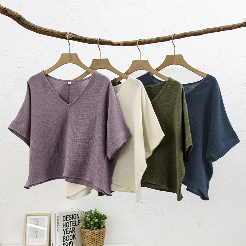 Muslin 100% Cotton Short Sleeve Tee Sexy V-Neck Oversized T-Shirt Streetwear Top Shirts And Blouse Lady Pulovers Camisetas 1