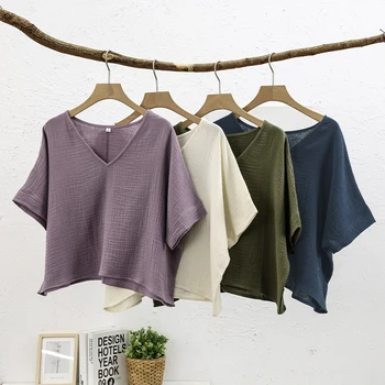 Muslin 100% Cotton Short Sleeve Tee Sexy V-Neck Oversized T-Shirt Streetwear Top Shirts And Blouse Lady Pulovers Camisetas 1