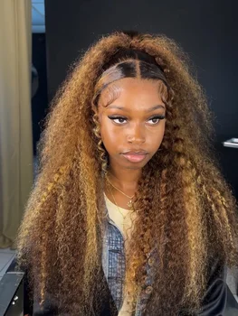200% Highlight 4 27 Curly Human Hair Wigs 34 Inch 13x4 Transparent Lace Frontal Wigs Pre Plucked With Baby Hair Deep Curly Wigs 1