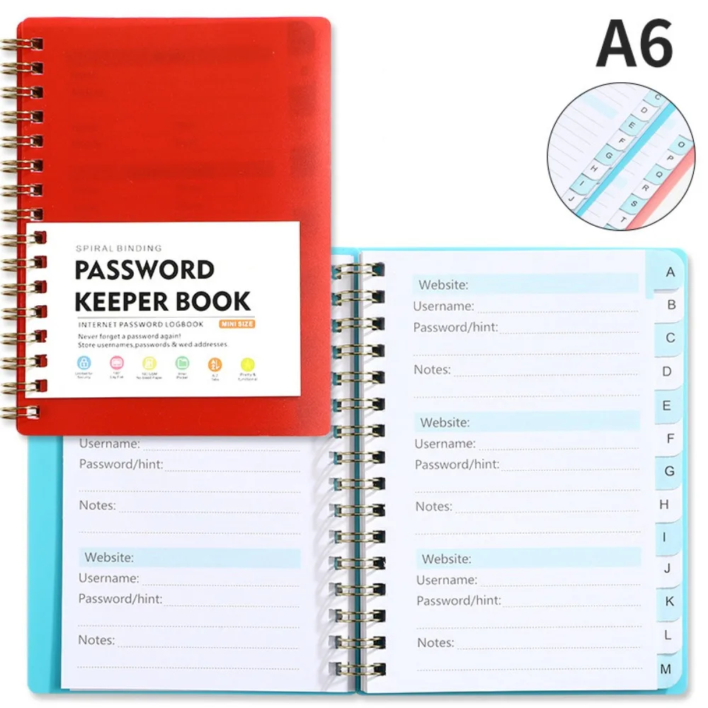 Alphabetical Tabs Spiral Password Keeper Notebook, A6 Mini Size, Secure Website Logins Organizer
