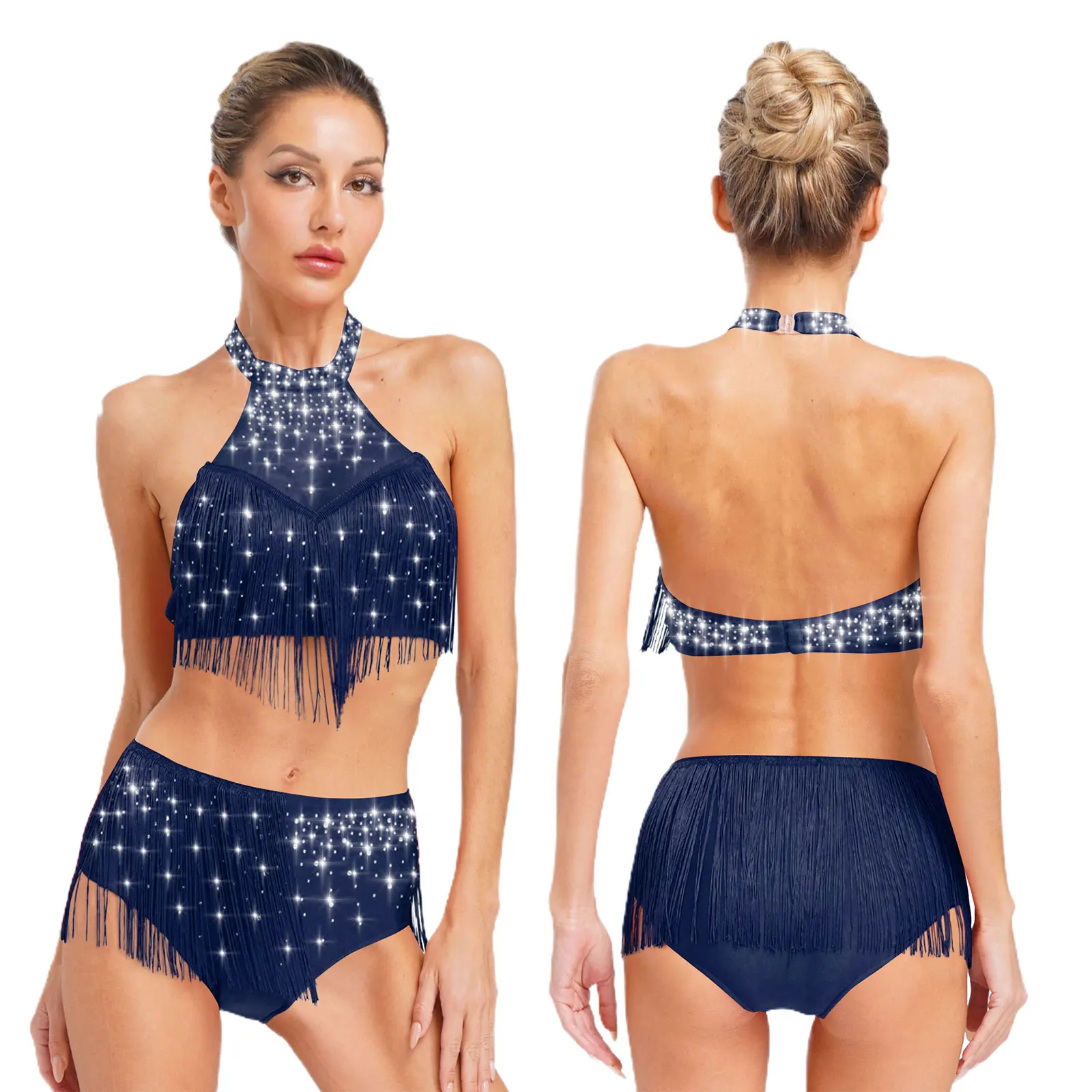 Frauen Latin Ballroom Dance Kostüm Glänzende Strass Sheer Mesh Crop Top mit Quaste Slips für Cha-cha Salsa Samba Bauchtanz – Detail 12