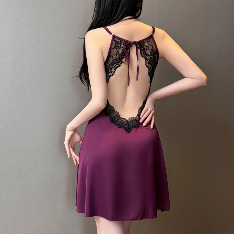 New Sexy Open Back Lace Lingerie Nightgown Women's Burgundy Satin Chemise Elegant V-Neck Sleepwear Dress Alluring Nightdress Hot