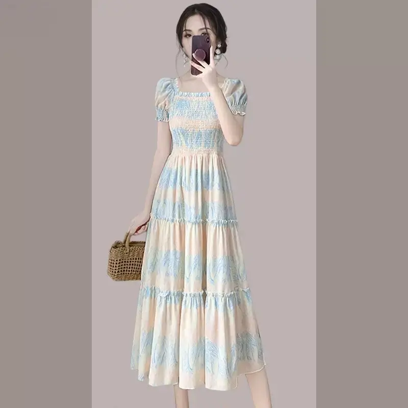 

High-Grade French Style Socialite 's 2024 Summer New Elegant Women's Clothing Sweet Waist Trimming Floral Dress