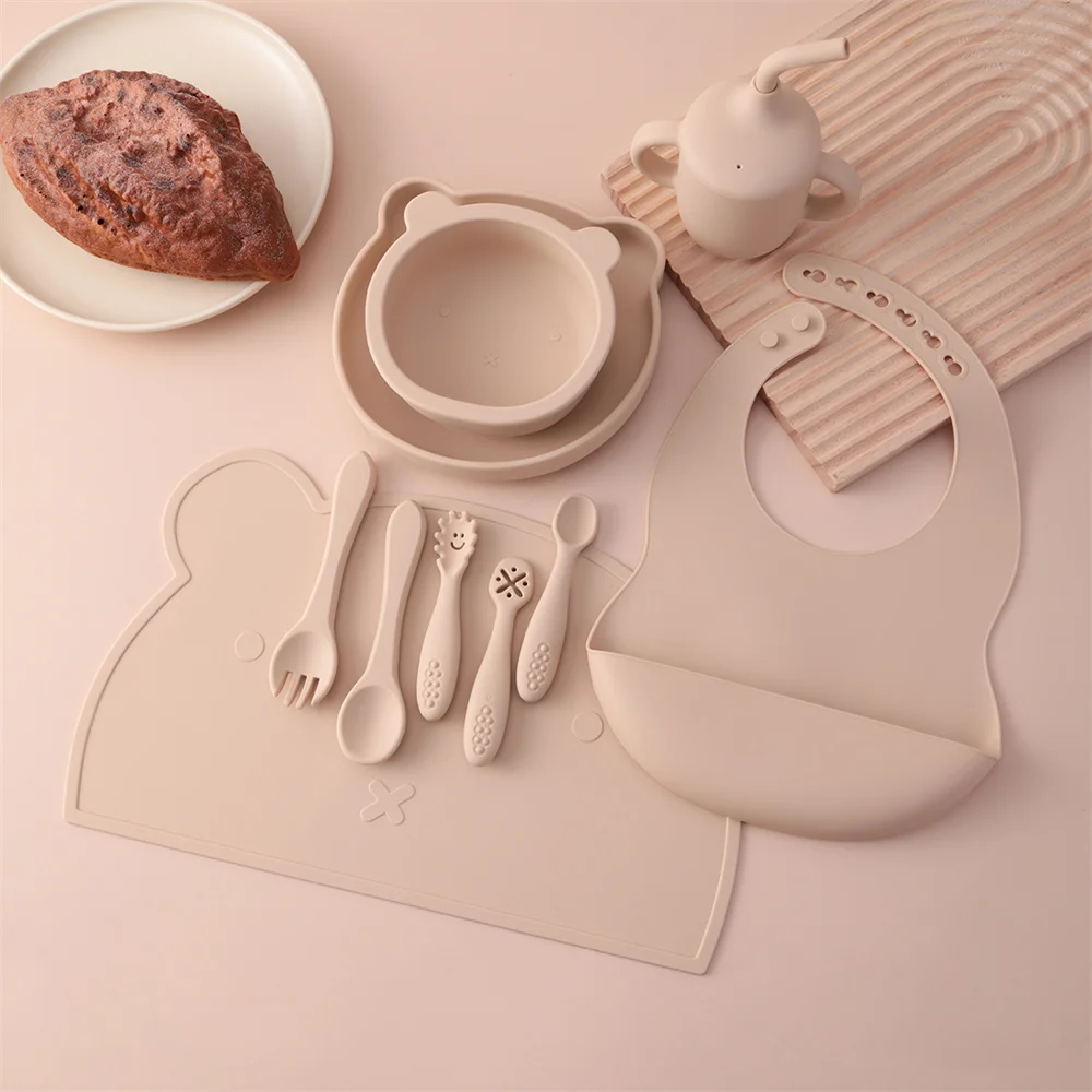 Color Kids 10PCS Soft Silicone Baby Feeding Set Suction Bowl Plate Bib Cup Utensils Waterproof Placemat Toddler Tableware Kit