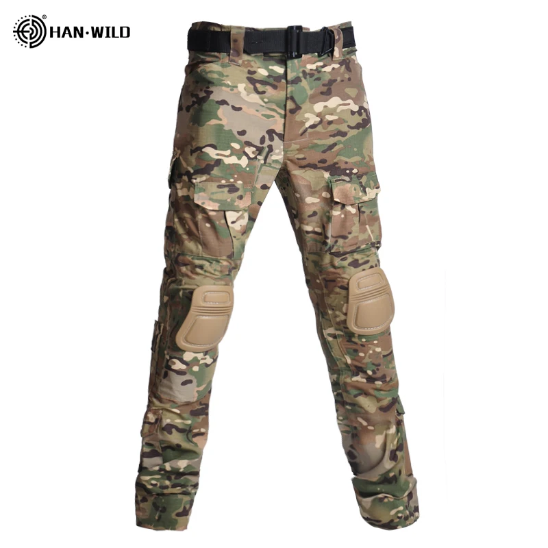 

HAN WILD Men's Tactical Pants + Pads Casual Multi Pockets Men Clothes Army Military Airsoft Trousers Hiking Pants Camo Clothing