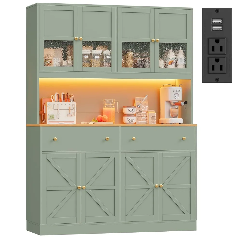71" Pantry Cabinet with LED Light and Charging Station, Farmhouse Kitchen Pantry Cabinet with Microwave Stand, Customized 2