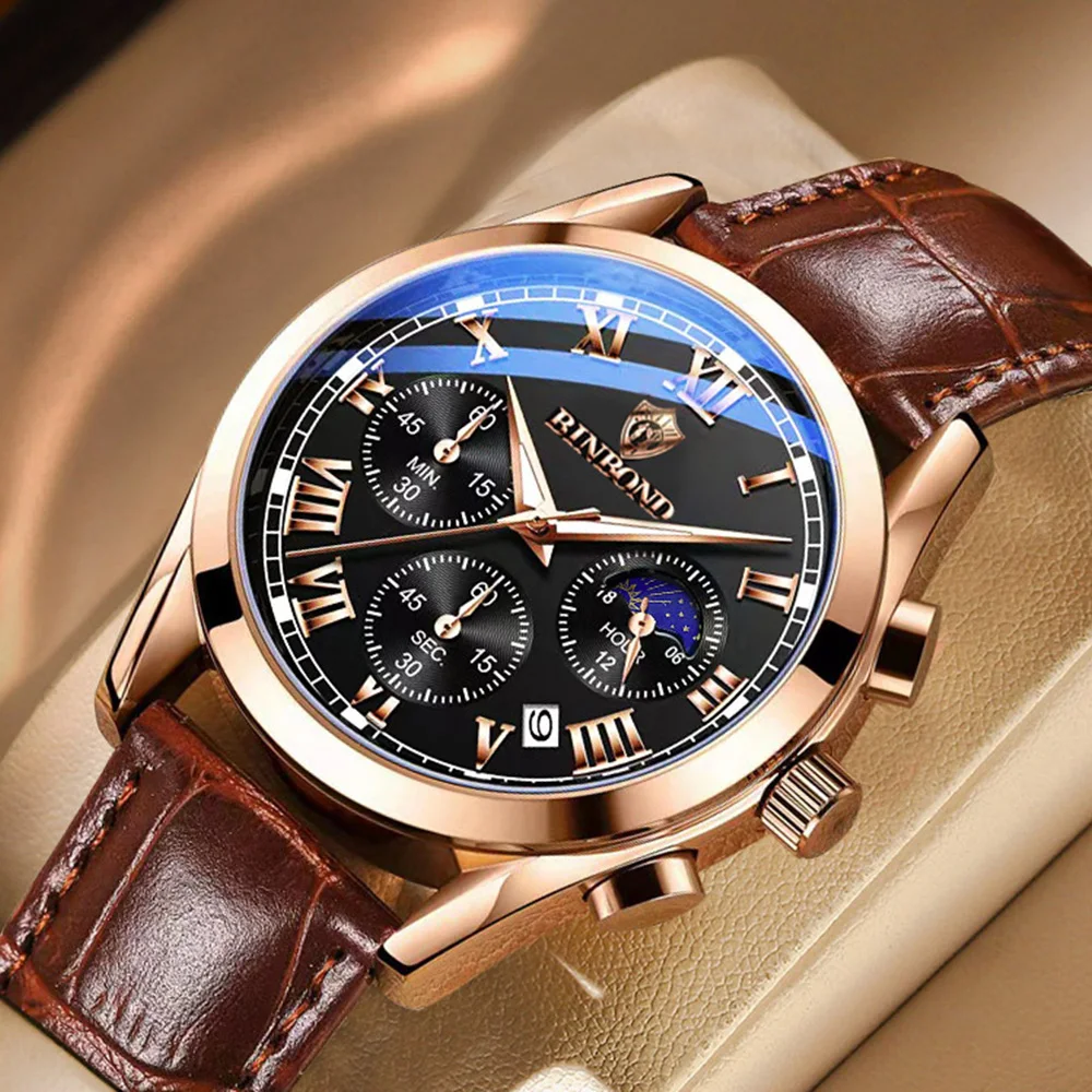 

2023 New Luxury Watch For Men Business Chronograph Leather Waterproof Quartz Luminous Date Wristwatches Moon Phase Reloj Hombre