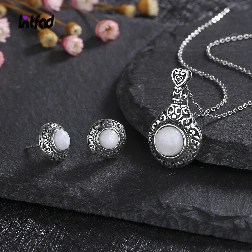 

S925 Sterling Silver Natural Moonstone Vintage Hollowed-out Earrings Necklace Elegant Beaded Jewelry Gifts Women jewelry sets