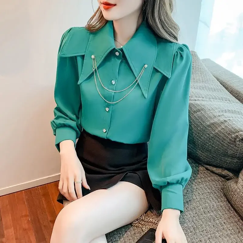Elegant Chiffon Solid Color Shirt Tops Spring Autumn New Long Sleeve White Loose All-match Blouse Office Fashion Women Clothing