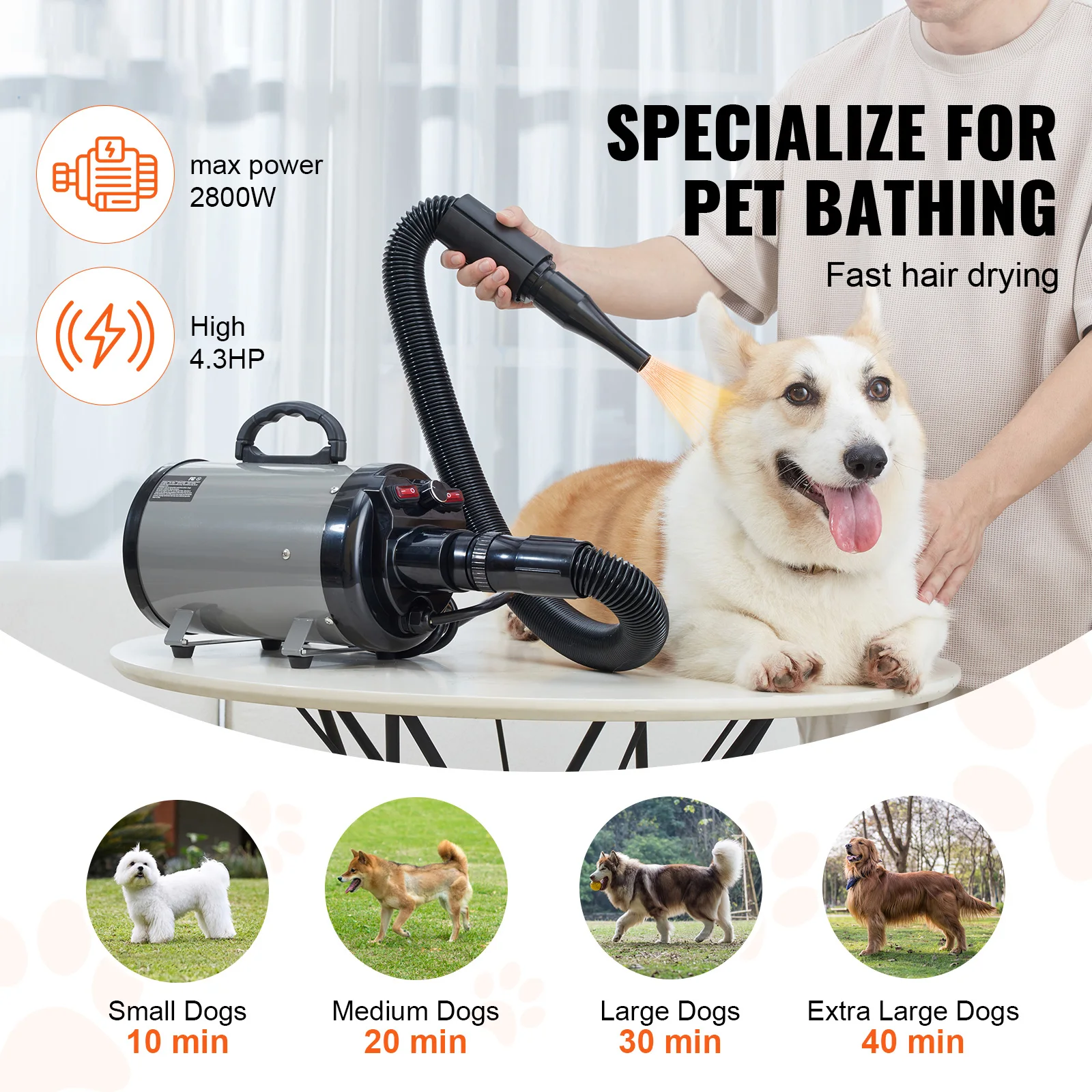 2000W/2.7HP Dog Blow Dryer Adjustable Speed Temperature Control 4 Nozzle Extendable Hose Pet Hair Grooming