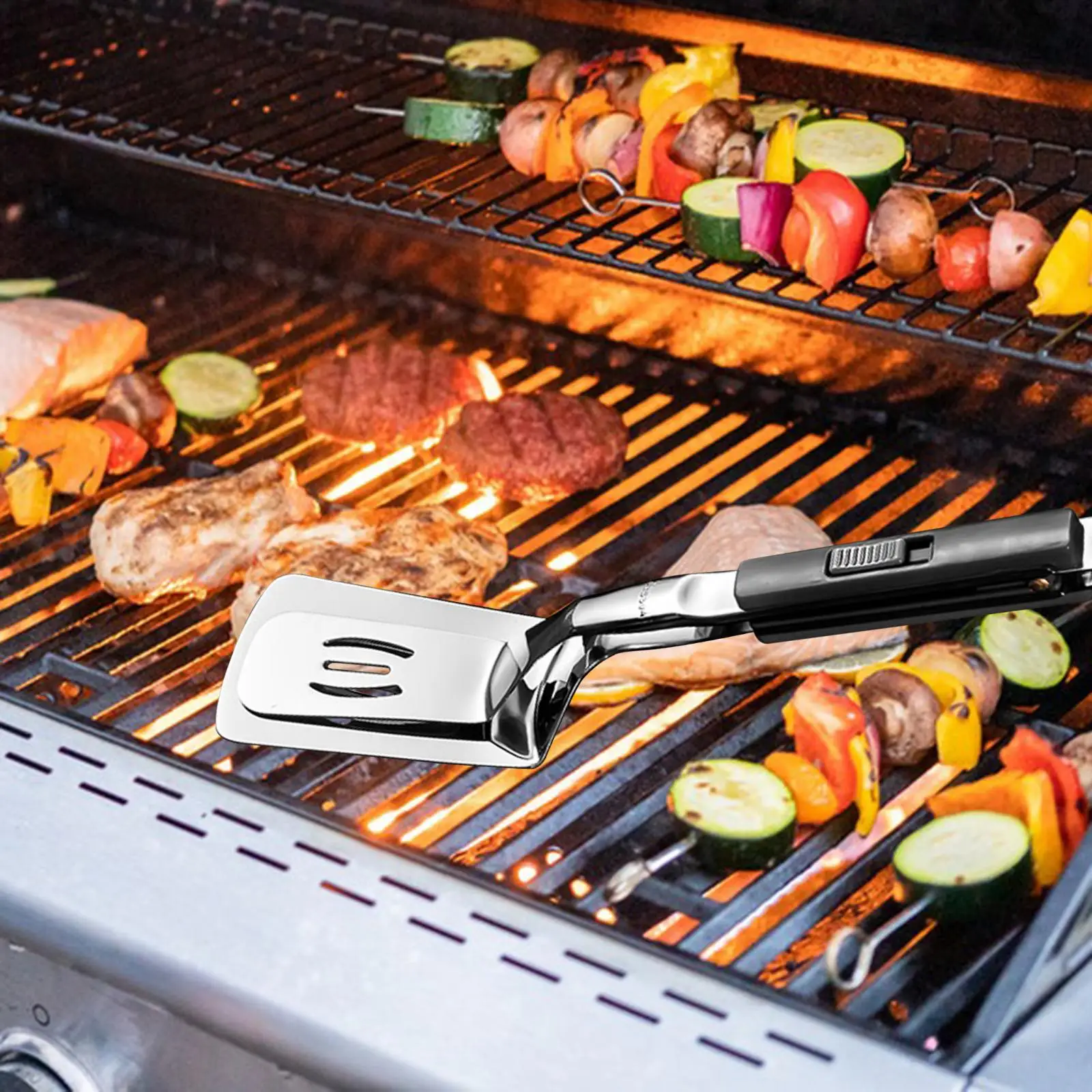 Cooking Spatula Tongs Slotted Double Grill Steak Clamps Fish Fillets Burgers Eggs