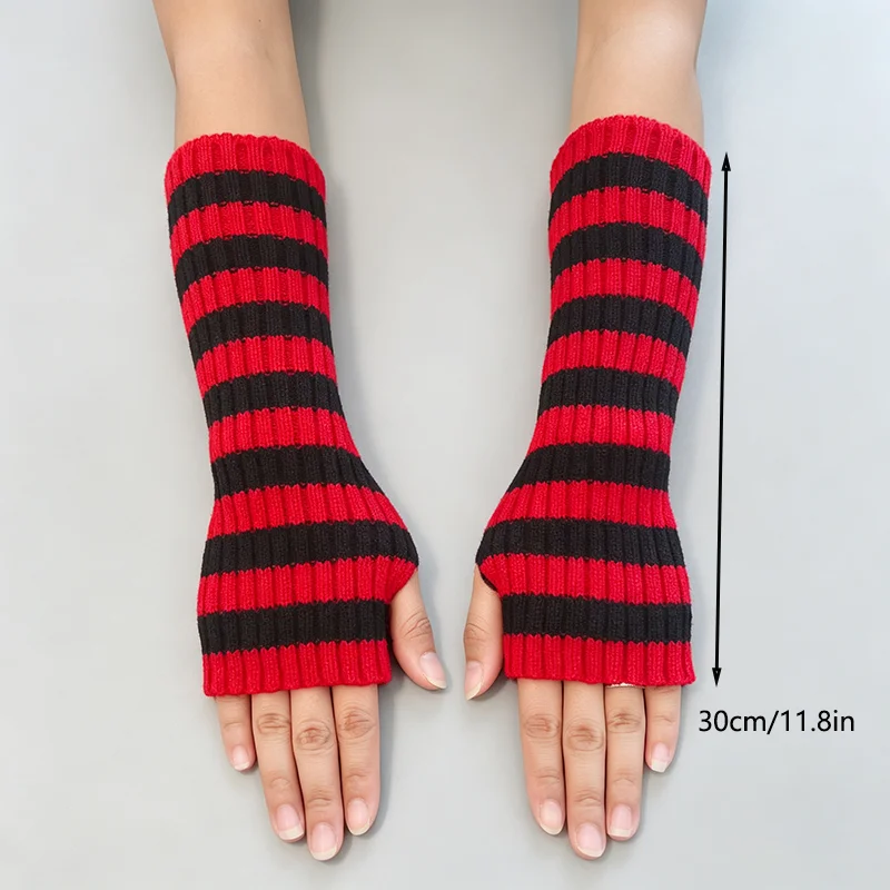 Christmas Red Striped Knitted Long Fingerless Arm Sleeves Women Winter Arm Warmer Harajuku Girls Y2K Fashion Half Finger Gloves