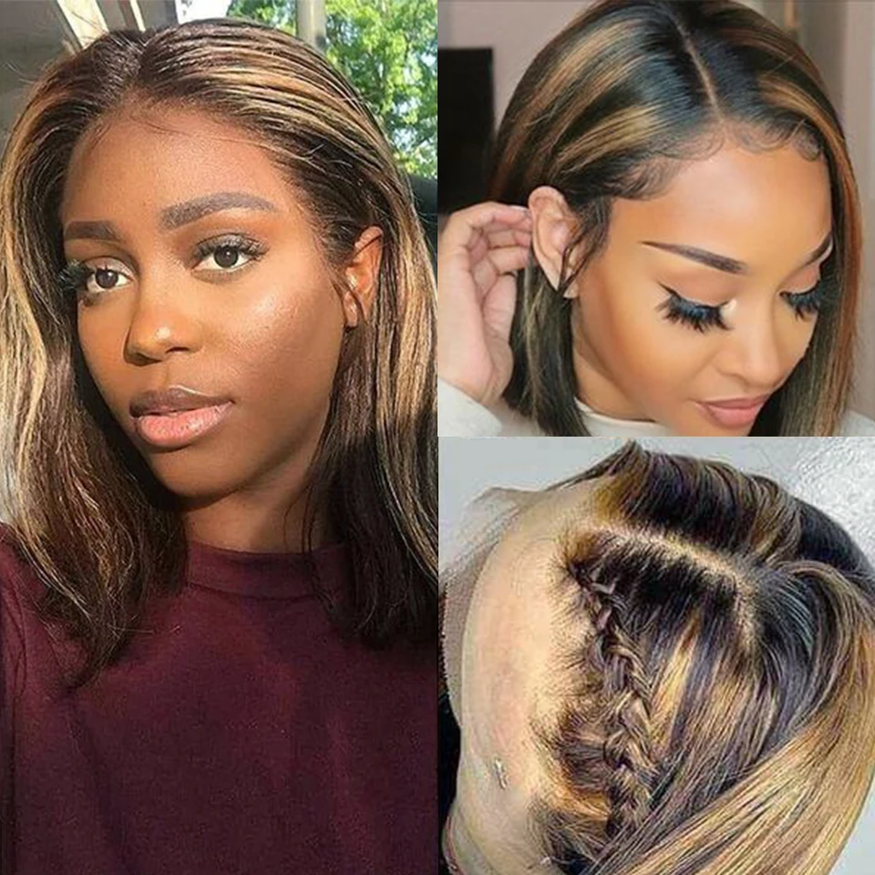 Highlight Wig Human Hair Bob Wig Straight 13x4 Lace Frontal Human Hair Wigs Brazilian Short Bob Lace Front Wigs 150% Remy Hair