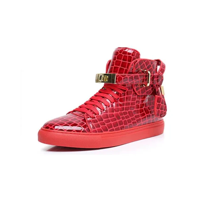 Embossed Crocodile Pattern High Top Sneakers Lock Lace Red Flats