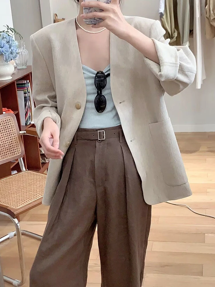 [LANMREM] Minimalism Linen Loose Blazers For Women V Neck Single Breasted Casual Jackets Fashion Jackets 2024 Summer New 26D9173