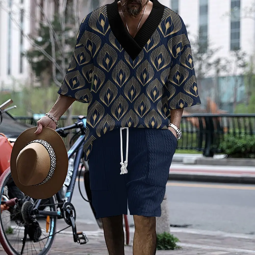 

2024 Men's Trendy Printing Casual Set Men's Summer Loose Short sleeved Shorts V-neck Dynamic Set Two piece Set for Men