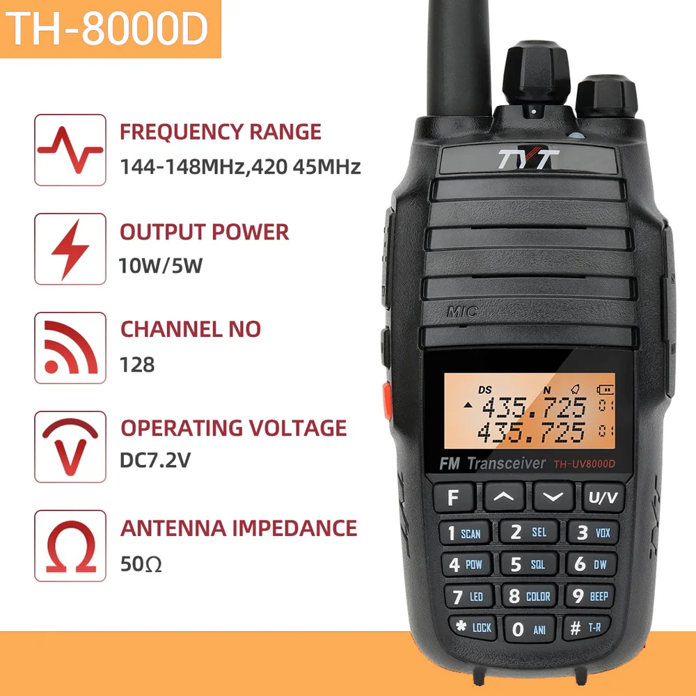 TYT TH-UV8000D High Power 10W Dual Band Handheld Transceiver 10KM Amateur Two Way Radio Cross-band Repeater Function FM Radio 2