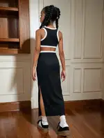 Robe décontractée, élégante et confortable pour enfants, sans manches, couleur unie, noir et blanc, col rond, jupe longue 2
