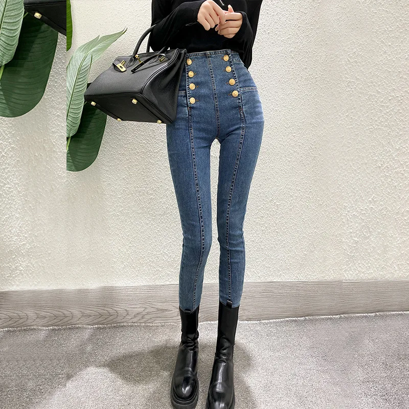 Tight Stretch High Waist Women Pencil Pants 2022 Spring Autumn Jeans Double-breasted Trim Female Street Wear Casual Pants