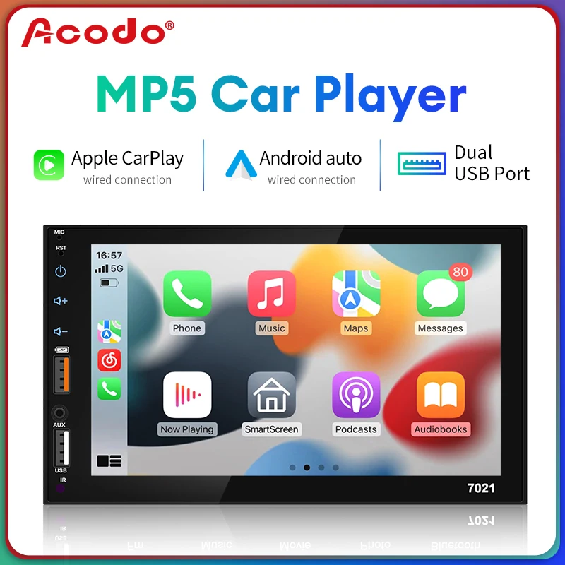 Acodo 카플레이 안드로이드 자동 듀얼 USB 정전식 스크린, 풀 터치 HD 자동차 MP5 플레이어, USB 블루투스 TF 카드 터치 스크린, 7 인치