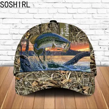 Leaping Bass fishing baseball cap with camo effect background 1