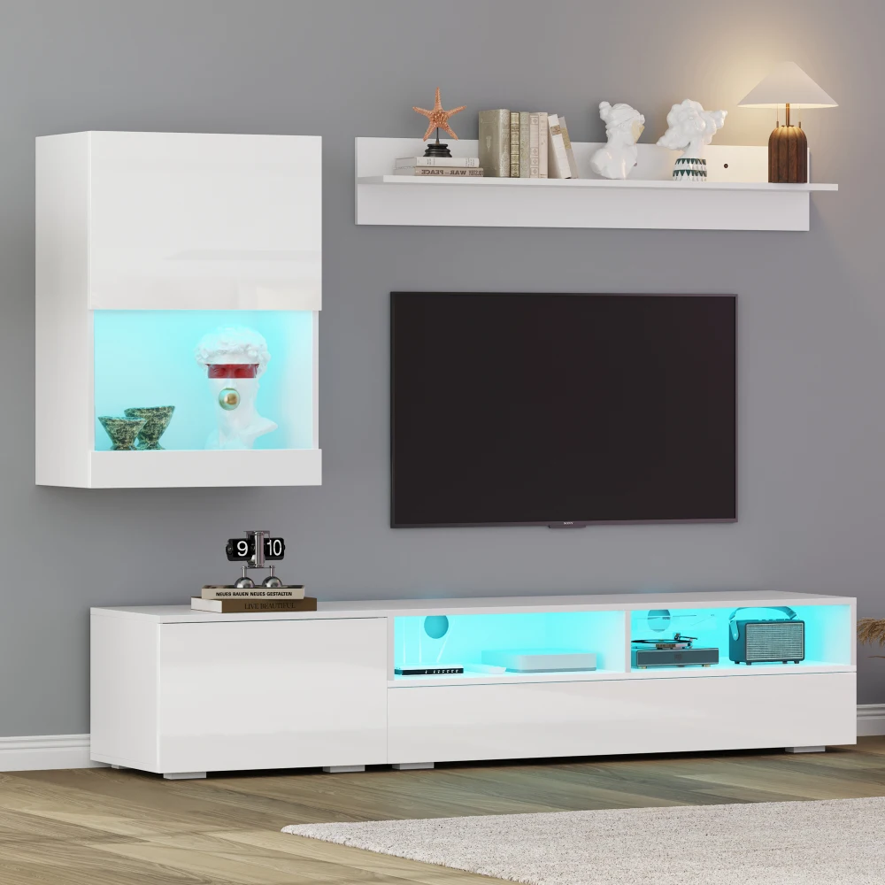 3-teiliges LED Hochglanz-TV-Wohnzimmer-Wandset Modernes Medienmöbel mit Vitrine Wandregale Stehender & Schwebender TV-Schrank – Detail 1