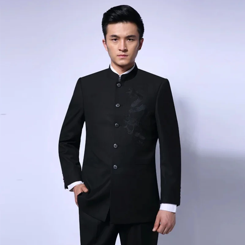 Black Chinese Tunic Suit Men's Traditional Stand Collar Suits Apec Leader Costume Male Embroidery Dragon Totem Suit Blazer 16