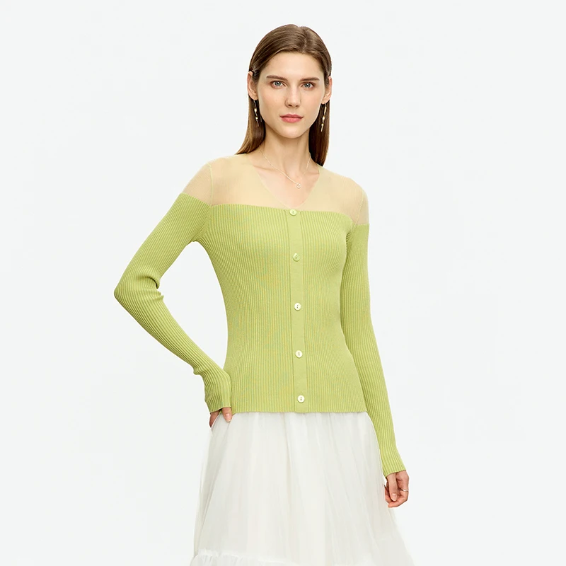 Amii Women's Knit Tops 2026 Spring New V-Neck Mesh Sheer Organza Trim Slim Fit Sweater Long Sleeve Pullover Knitwear 12621103