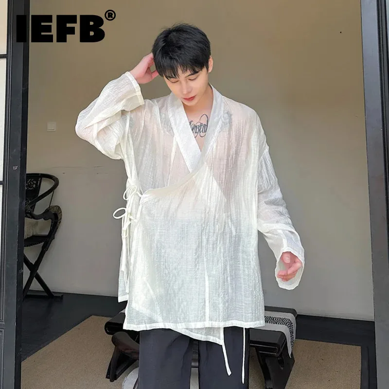 

IEFB Chinese Style Shirt Diagonal Lapel Tops New Stylish Top Soild Color Casual Male Clothing Long Sleeve 2024 Summer 9C523