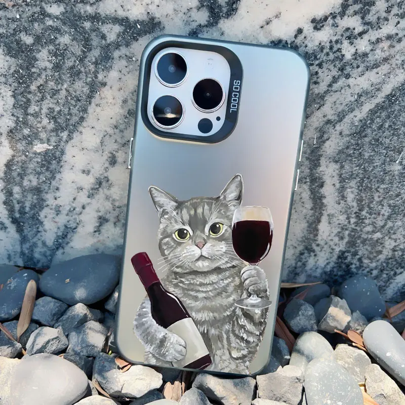 Chic Red Wine Glass & Cute Cat Shockproof Laser Phone Case Cover