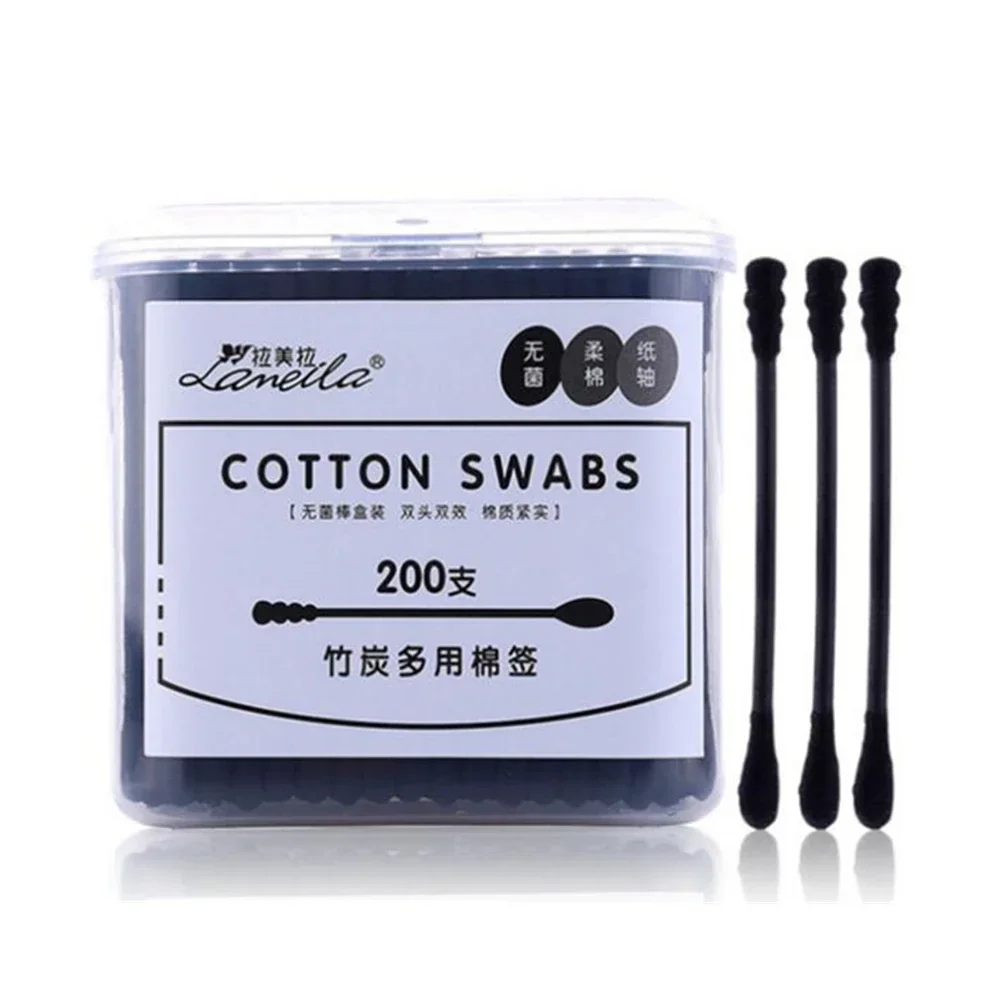 200pcs Disposable Cotton Swab Spiral Ear Cleaner Black Double Heads Medical Swab Lipstick Eyebrow Eyelash Cotton Bud Makeup Tool 4