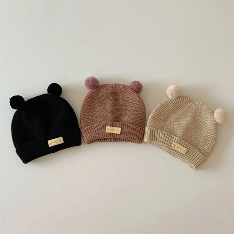 Korean Baby Knitted Hat Cute Winter Warm Double Ball Newborn Beanie 2-15 Months Boy Girl Infant Solid Color Woolen Skullies Cap 4