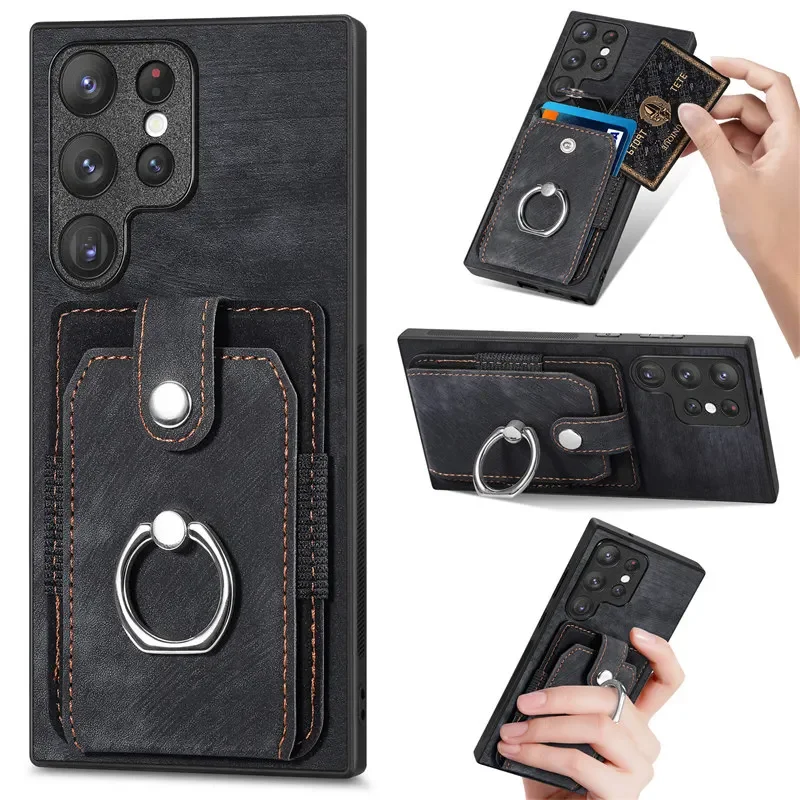 Leather Phone Case with Magnetic Car Holder and Wallet Card Back Cover