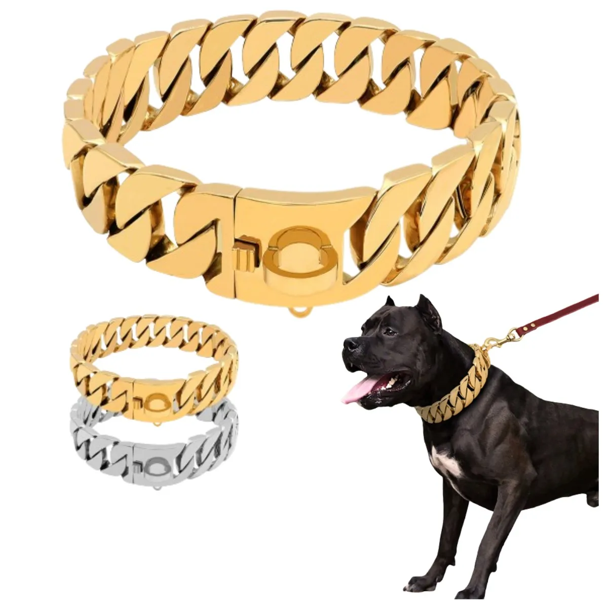 

Strong Metal Dog Chain Collars Stainless Steel Pet Training Choke Collar for Large Dogs Pitbull Bulldog Gold Solid Cuban Collar