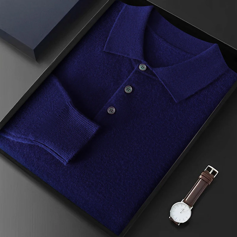 Men Knitwear Australian Wool Pullover Cashmere Sweater Polo Collar Thick Style Long Sleeve Warmth Basic Business Clothing Tops 5