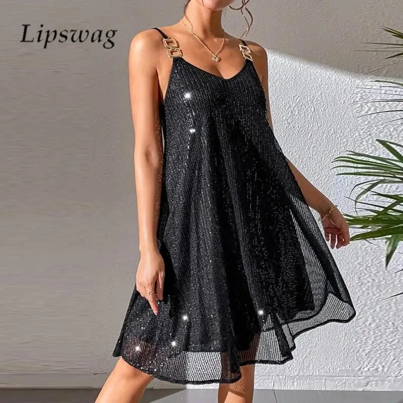 

2024 Summer Chain Sling Loose Dress Fashion Sparkling Sequins V Neck Party Dress Casual Ladies Solid Color Backless A-Line Dress
