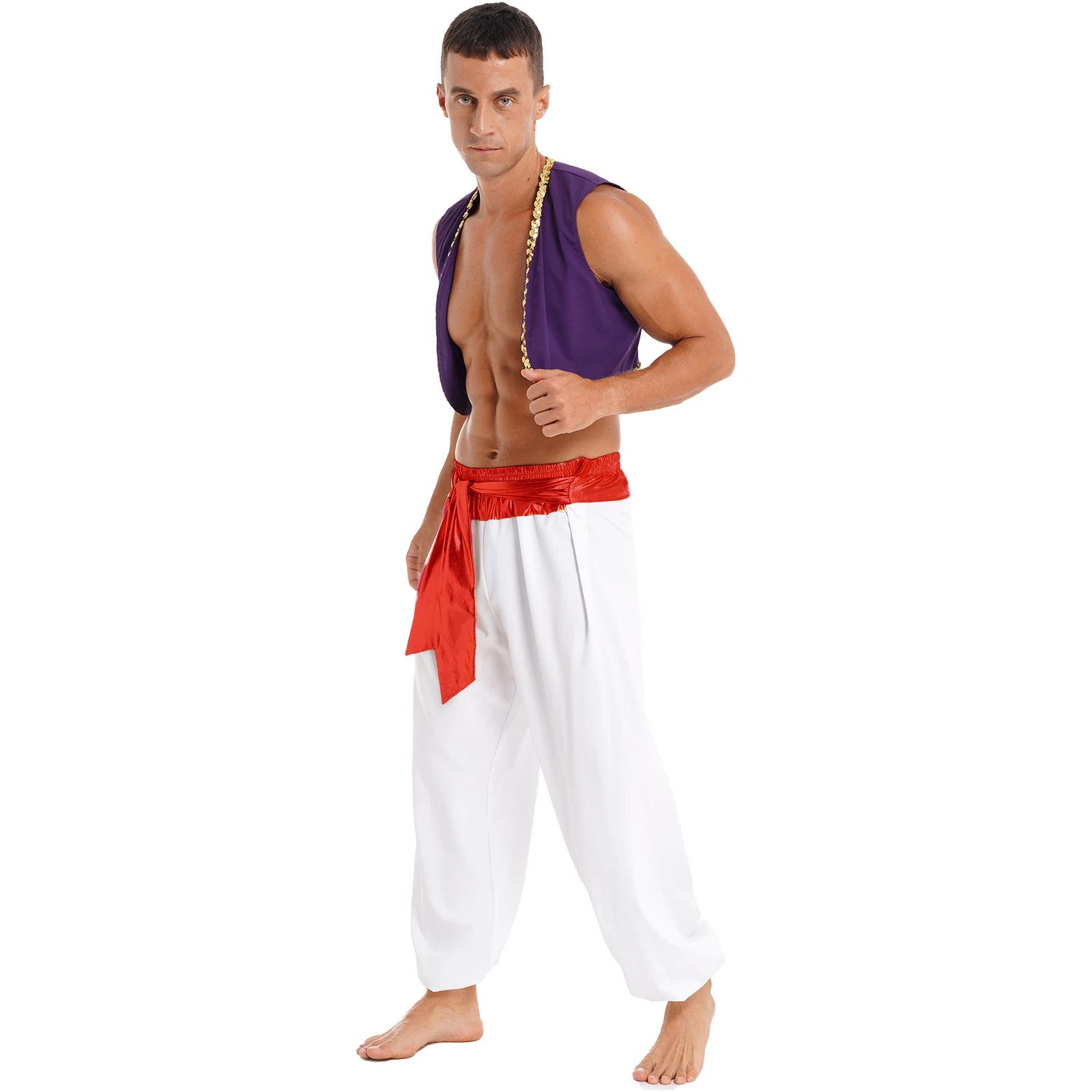 Aladin Costume Men Arabian Prince Cosplay Dress Up Waistcoat Top Harem Pants Suit Halloween Theme Party Carnival Perform Outfits