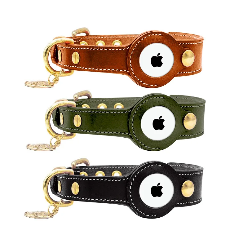 LuxuryGenuineLeatherPetCollarWithAirtagHolderAntilostAirtags