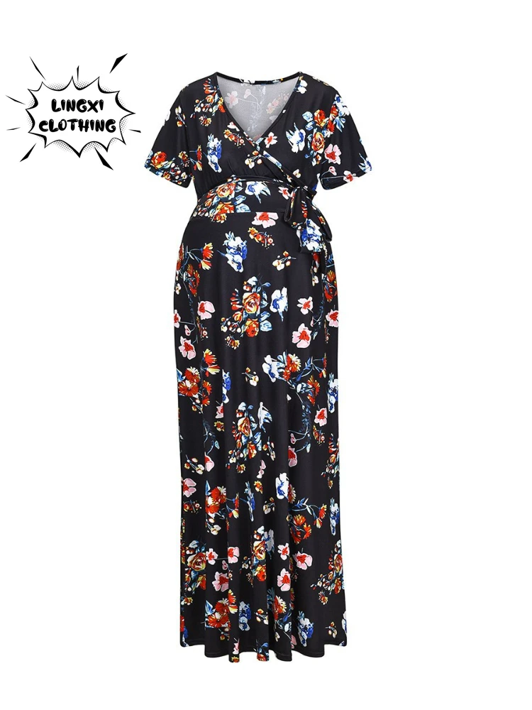 Pregnant Women's Dress Fashion Women's Printed Belt Breastfeeding Short Sleeve Spring/Summer Long Dress womens dresses