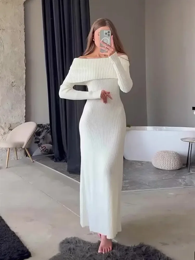 Fashion Knit Long Dress Off-Shoulder Female Ribbed Loose High Waist Elegant Autumn Party Dress Ladies Knitwear Maxi Dress