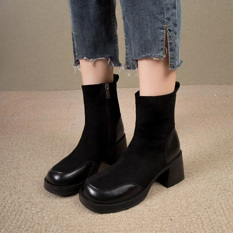 Women's Fashion Boots Mid-heel 2023 New Round Head Leather Ankle Boots Women Thick Wool Warm Dress Boots Women