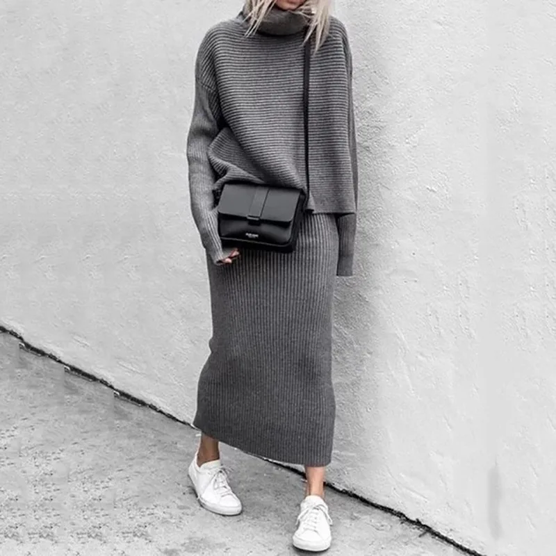 Knitted 2-piece Set Women's Fall/winter Leisure High Neck Loose Sweater +Knitted Skirt Suit Elegant and Fashionable Knitted Suit