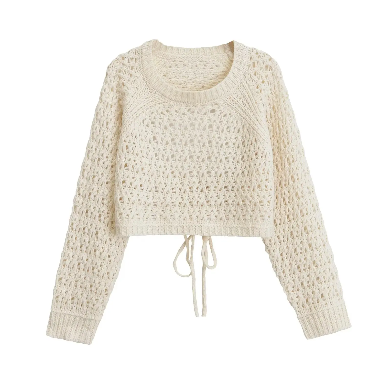 

Women New Fashion Backless O-Collar Long-Sleeved Knitted Sweater Vintage All-Match Casual Female Short Pullovers Chic Tops