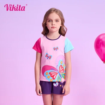 VIKITA Girls top e Tees for Summer Kids Butterfly Print Cartoon magliette ragazze O collo manica corta cotone Casual Daily Tees 1