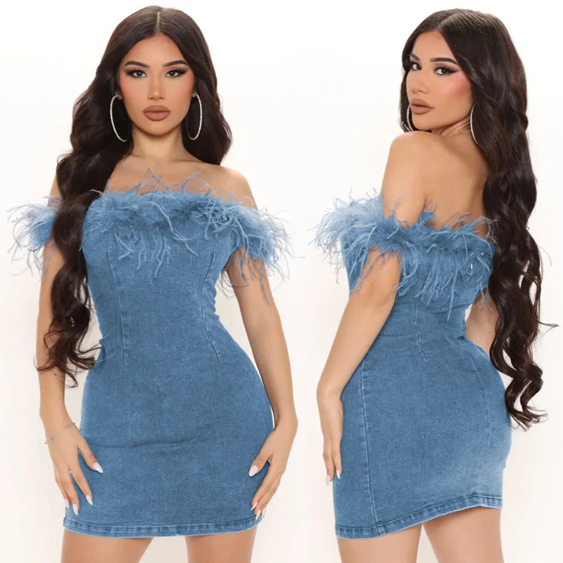 

A Line Shoulder Hairy Edge Wrapped Hip Denim Dress Ins Style New Spice Girl Plus-size Short Skirt Woman