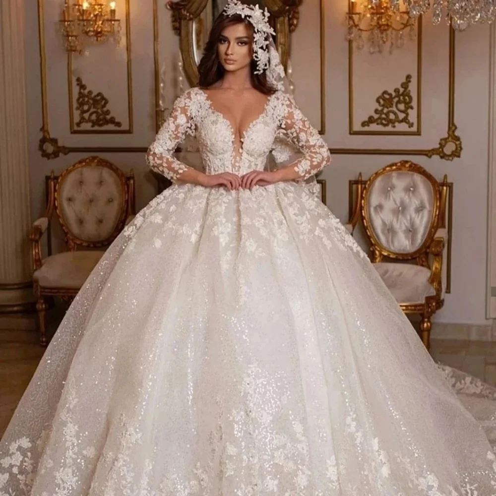 

Luxury Lace Appliques Wedding Dresses Bridal Ball Gown Long Sleeves V-Neck A-Line 3D Floral Print Court Princess Party Dress