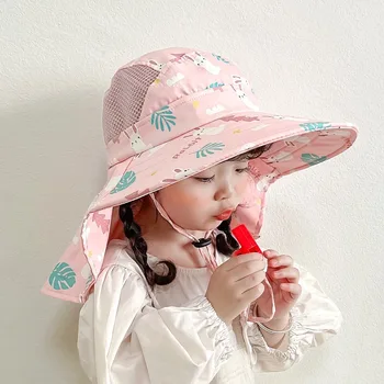 Summer Children UV Protection Shawl Hat Print Kids Sunshade Visor 2-10Year Boy Girl Baby Quick Dry Mesh Bucket Hat キャップ キッズ 1