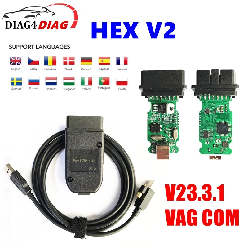 Hex V2 Vag Com V23.3.1 Atmega162 + 16 V8 + Ft232Rq Interfaccia Diagnostica Per Auto Cavo Connettore Obdii 16Pin